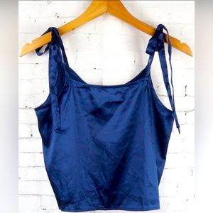 BLUE SATIN SUMMER FESTIVAL CROP TOP WITH ADJUSTABLE TIE DETAIL SIZE SMALL